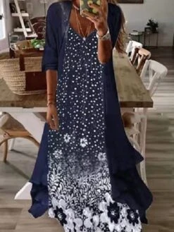 Women's Casual Dress Dress Set Two Piece Dress Long Dress Maxi Dress Purple Brown Green Half Sleeve Flower Print Summer Spring V Neck Fashion Vacation 2023 S M L XL XXL 3XL -HAYz Clothing Shop piknvb1689323778010