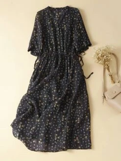 Women's Casual Dress Cotton Linen Dress A Line Dress Midi Dress Linen / Cotton Blend Basic Classic Outdoor Daily Vacation Split Neck Button Pocket 3/4 Length Sleeve Spring Fall Autumn 2023 Loose Fit -HAYz Clothing Shop pilprb1693967797128