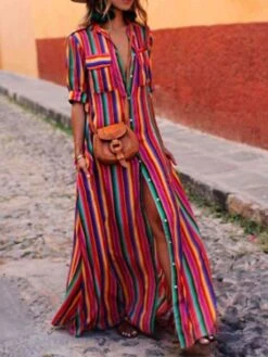 Women's Shirt Dress Casual Dress Swing Dress Maxi Long Dress Outdoor Daily Vacation Polyester Basic Casual Shirt Collar Pocket Split Half Sleeve Summer Spring 2023 Loose Fit Red Blue Purple Striped S -HAYz Clothing Shop pipofo1673848921556