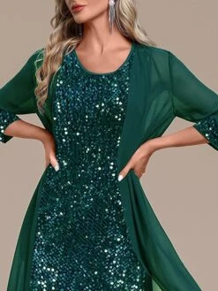Women's Two Piece Dress Set Party Dress Sequin Dress Party Wedding Guest Fashion Elegant Patchwork Sequin Midi Dress Crew Neck Long Sleeve Plain Regular Fit Green Fall Winter S M L XL XXL -HAYz Clothing Shop piqawz1695370016596