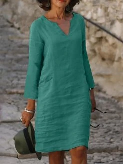Women's Casual Dress Cotton Linen Dress Shift Dress Midi Dress Cotton Blend Modern Style Modern Outdoor Daily Date Split Neck Button Rolled Cuff 3/4 Length Sleeve Summer Spring Fall 2023 Regular Fit -HAYz Clothing Shop pitece1691461870775