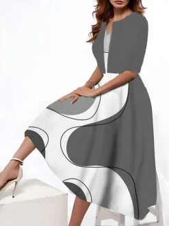 Women's Two Piece Dress Set Casual Dress Tank Dress Outdoor Daily Fashion Streetwear Pocket Print Midi Dress V Neck 3/4 Length Sleeve Geometric Color Block Regular Fit Black Blue Purple Summer Spring -HAYz Clothing Shop pjtcys1690544680910