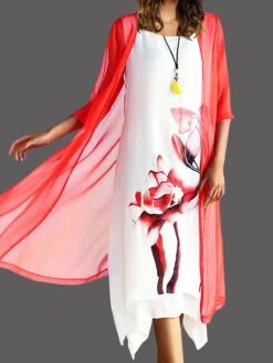 Women's Two Piece Dress Set Casual Dress Cotton Linen Dress Outdoor Daily Fashion Casual Fake Two Piece Print Midi Dress Crew Neck Short Sleeve Floral Painting Regular Fit Yellow Pink Red Summer -HAYz Clothing Shop pjthkq1680146907910