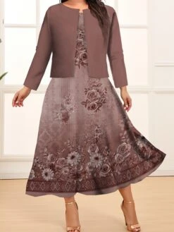 Women's Plus Size Curve Two Piece Dress Set Casual Dress Swing Dress Outdoor Office Fashion Streetwear Print Midi Dress Crew Neck Long Sleeve Floral Ombre Navy Blue Blue Brown Fall Winter L XL -HAYz Clothing Shop pjugqh1693278026688