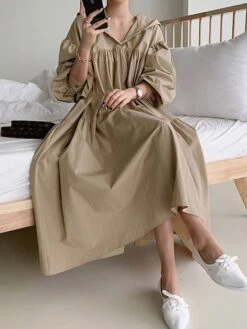 Women's Casual Dress Cotton Linen Dress Swing Dress Maxi Long Dress Linen / Cotton Blend Fashion Basic Outdoor Daily Vacation Hooded Ruched Pocket Long Sleeve Fall Winter Autumn 2023 Loose Fit Black -HAYz Clothing Shop pkdves1693553154656