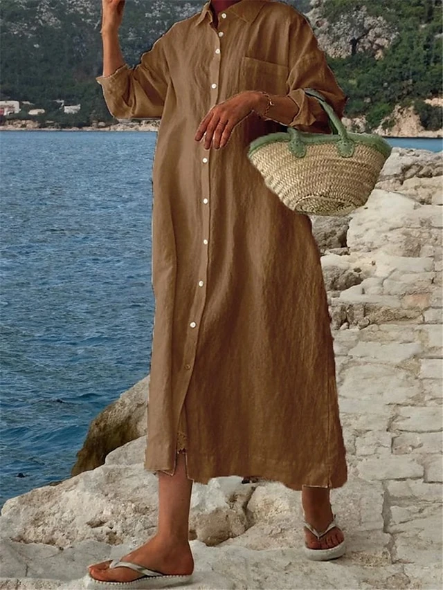 Women's Shirt Dress Casual Dress Cotton Linen Dress Maxi Long Dress Linen / Cotton Blend Basic Classic Outdoor Daily Vacation Shirt Collar Button Pocket Long Sleeve Summer Spring Fall 2023 Loose Fit 4 Women's Shirt Dress Casual Dress Cotton Linen Dress Maxi Long Dress Linen / Cotton Blend Basic Classic Outdoor Daily Vacation Shirt Collar Button Pocket Long Sleeve Summer Spring Fall 2023 Loose Fit - Image 4