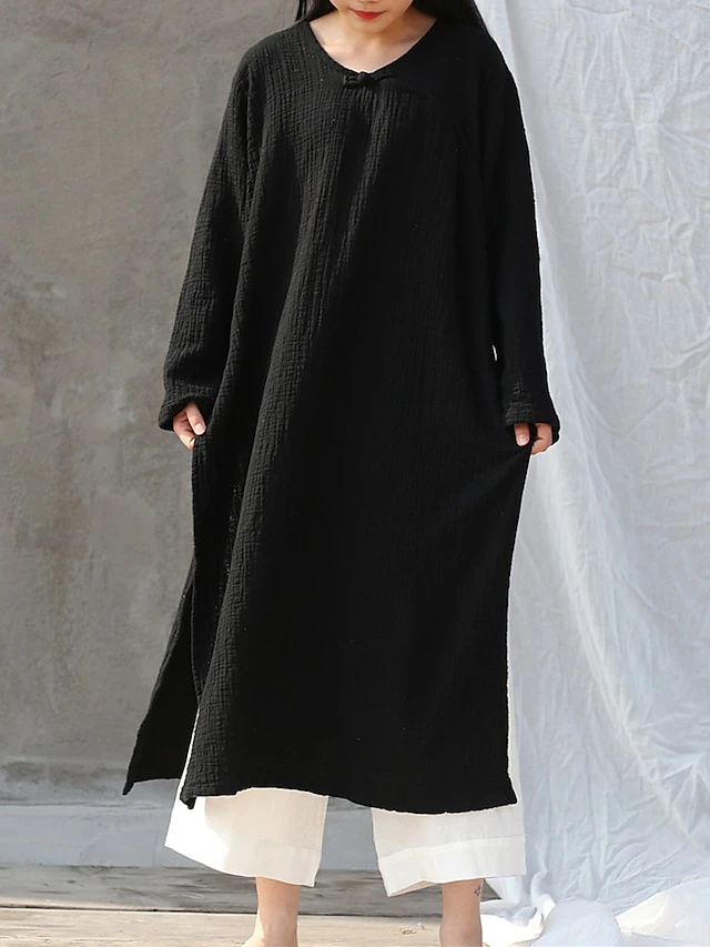 Women's Casual Dress Cotton Linen Dress Loose Dress Maxi Long Dress Linen / Cotton Blend Daily Stylish Outdoor Daily Vacation Crew Neck Split Long Sleeve Spring Fall Winter 2023 Loose Fit Black White 2 Women's Casual Dress Cotton Linen Dress Loose Dress Maxi Long Dress Linen / Cotton Blend Daily Stylish Outdoor Daily Vacation Crew Neck Split Long Sleeve Spring Fall Winter 2023 Loose Fit Black White - Image 2