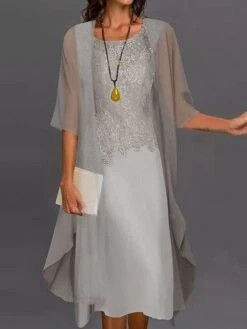 Women's Dress Set Two Piece Dress Shift Dress Midi Dress Light Blue Light Grey Half Sleeve Pure Color Lace Summer Spring Crew Neck Elegant Wedding Guest Loose Fit 2023 S M L XL XXL 3XL