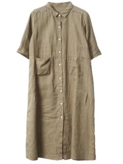 Women's Shirt Dress Casual Dress Cotton Dress Midi Dress Cotton Basic Classic Outdoor Daily Vacation Shirt Collar Button Pocket Half Sleeve Spring Fall Winter 2023 Loose Fit ArmyGreen Orange Plain S -HAYz Clothing Shop pldcjg1692695054877