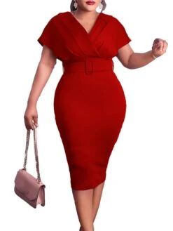 Women‘s Plus Size Curve Easter Dress Work Dress Solid Color V Neck Short Sleeve Spring Dress Fall Work Formal Knee Length Dress Date Vacation Dress -HAYz Clothing Shop plfdca1661334436635