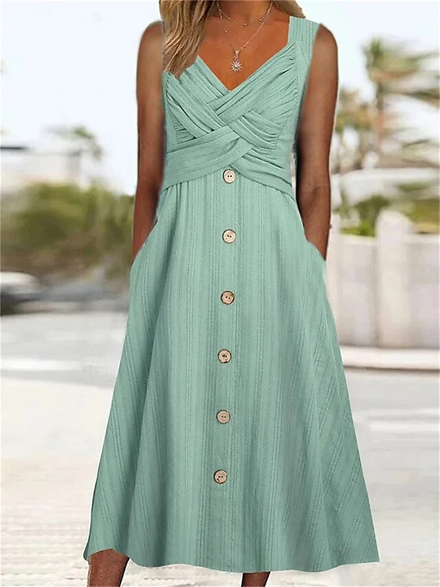 Women's Two Piece Dress Set Casual Dress Outdoor Daily Fashion Modern Ruched Button Midi Dress V Neck Half Sleeve Plain Loose Fit Green Summer Spring S M L XL XXL 3 Women's Two Piece Dress Set Casual Dress Outdoor Daily Fashion Modern Ruched Button Midi Dress V Neck Half Sleeve Plain Loose Fit Green Summer Spring S M L XL XXL - Image 3