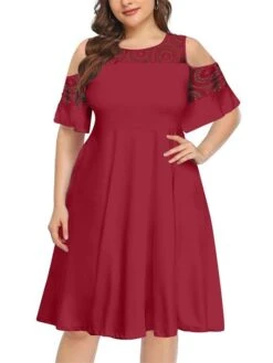 Women‘s Plus Size Curve Casual Dress Solid Color Crew Neck Lace Half Sleeve Fall Spring Casual Knee Length Dress Casual Daily Dress -HAYz Clothing Shop plihfc1656060138470