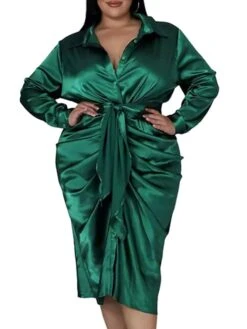 Women‘s Plus Size Curve Flattering Dresses Elegant Apple Shaped Dress Wedding Guest Work Dress Pure Color Shirt Collar Long Sleeve Fall Winter Work Midi Dress Going Out Work Dress Shirt Dress -HAYz Clothing Shop plmugs1663665116208