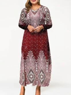 Women's Plus Size Curve Party Dress Cocktail Dress Sheath Dress Geometric Long Dress Maxi Dress Long Sleeve Print V Neck Fashion Party Red Blue Fall Winter L XL XXL 3XL 4XL