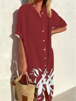 Women's Shirt Dress Casual Dress Midi Dress Outdoor Office Daily Polyester Fashion Modern Shirt Collar Button Print 3/4 Length Sleeve Summer Spring Fall 2023 Loose Fit Wine Navy Blue Blue Leaf S M L -HAYz Clothing Shop plujxi1691045260061