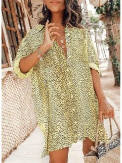 Women's Shirt Dress Short Mini Dress Light Blue Long Sleeve Leopard Button Spring Summer Shirt Collar Stylish Casual Sexy Lantern Sleeve Boom Sale Dress XXL -HAYz Clothing Shop pmajnh1616406151649