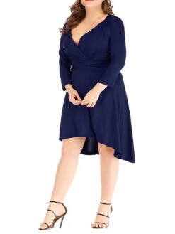 Women's Plus Size Curve Work Dress Black Dress A Line Dress Fashion Midi Dress Ruched V Neck Long Sleeve Plain Loose Fit Black Wine Blue Fall XL XXL 3XL 4XL 5XL -HAYz Clothing Shop pmdfol1693203475441
