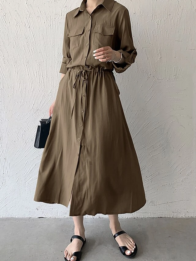 Women's Shirt Dress Casual Dress Maxi Long Dress Outdoor Daily Date Polyester Fashion Classic Shirt Collar Button Pocket Long Sleeve Fall Winter 2023 Loose Fit ArmyGreen Black Brown Pure Color S M L 11 Women's Shirt Dress Casual Dress Maxi Long Dress Outdoor Daily Date Polyester Fashion Classic Shirt Collar Button Pocket Long Sleeve Fall Winter 2023 Loose Fit ArmyGreen Black Brown Pure Color S M L - Image 11