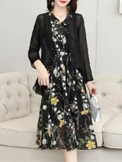 Women's Two Piece Dress Set Print Dress Outdoor Daily Modern Casual Lace Up Ruched Midi Dress V Neck Long Sleeve Floral Regular Fit Black Pink Blue Summer Spring M L XL XXL XXXL -HAYz Clothing Shop pmlxku1678430834053
