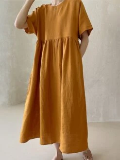 Women's Casual Dress Cotton Linen Dress Tiered Dress Maxi Long Dress Linen / Cotton Blend Daily Casual Outdoor Home Daily Crew Neck Pocket Short Sleeve Summer Spring 2023 Loose Fit Yellow Pink Plain -HAYz Clothing Shop pmrflq1689933421220
