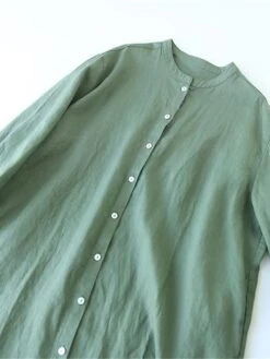 Women's Shirt Dress Casual Dress Cotton Linen Dress Midi Dress Linen / Cotton Blend Basic Classic Outdoor Daily Vacation Stand Collar Button 3/4 Length Sleeve Spring Fall Autumn 2023 Loose Fit Blue -HAYz Clothing Shop pmwxtn1693967789195