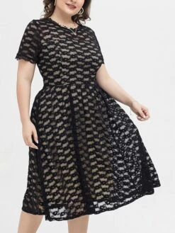 Women‘s Plus Size Curve Party Dress Lace Dress Cocktail Dress Midi Dress Black Short Sleeve Pure Color Lace Summer Spring Fall Crew Neck Fashion Birthday Wedding Guest Vacation 2023