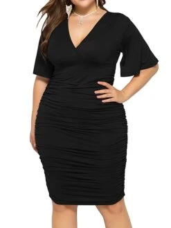 Women's Plus Size Curve Work Dress Bodycon Sheath Dress Plain Midi Dress Short Sleeve Ruched V Neck Fashion Office Black Royal Blue Fall Winter L XL XXL 3XL 4XL -HAYz Clothing Shop pnbbij1694151474551