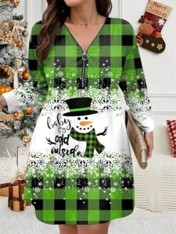 Women's Plus Size Curve Christmas Dress Casual Dress Winter Dress Plaid Snowman Mini Dress Long Sleeve Print V Neck Fashion Outdoor Yellow Wine Fall Winter L XL 2XL 3XL 4XL -HAYz Clothing Shop pnbuqi1697799843607