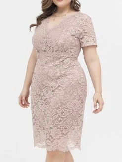 Women's Plus Size Curve Party Dress Lace Dress Cocktail Dress Midi Dress Black Pink Wine Short Sleeve Pure Color Lace Summer Spring Fall V Neck Fashion Birthday Wedding Guest Vacation XL XXL 3XL 4XL -HAYz Clothing Shop pndtbh1692165633286