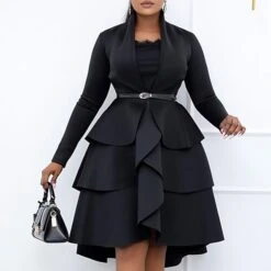 Women‘s Plus Size Curve Party Dress Solid Color Square Neck Ruffle Long Sleeve Winter Fall Basic Casual Prom Dress Midi Dress Work Daily Dress Black Dress Homecoming Dress