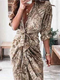 Women's Shirt Dress Casual Dress Bodycon Midi Dress Outdoor Daily Date Polyester Fashion Modern V Neck Ruched Button 3/4 Length Sleeve Summer Spring 2023 Loose Fit Brown Khaki Floral Color Block Pure -HAYz Clothing Shop pnjnqk1690275117570