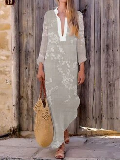 Women's Casual Dress Cotton Linen Dress Maxi Long Dress Polyester Fashion Casual Daily Outdoor Daily Vacation Split Neck Split Print Long Sleeve Summer Spring Fall 2023 Loose Fit White Navy Blue Blue -HAYz Clothing Shop pnlcdu1690515181719