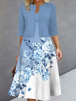 Women's Two Piece Dress Set Casual Dress Print Dress Outdoor Daily Fashion Elegant Print Midi Dress V Neck Half Sleeve Floral Regular Fit Blue Purple Green Fall Winter S M L XL XXL