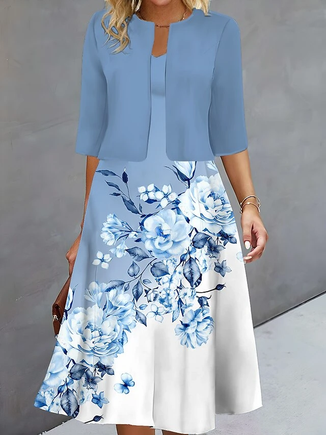 Women's Two Piece Dress Set Casual Dress Print Dress Outdoor Daily Fashion Elegant Print Midi Dress V Neck Half Sleeve Floral Regular Fit Blue Purple Green Fall Winter S M L XL XXL 1 Women's Two Piece Dress Set Casual Dress Print Dress Outdoor Daily Fashion Elegant Print Midi Dress V Neck Half Sleeve Floral Regular Fit Blue Purple Green Fall Winter S M L XL XXL