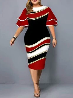 Women‘s Plus Size Curve Work Dress Bodycon Sheath Dress Color Block Midi Dress Half Sleeve Ruffle Crew Neck Fashion Outdoor Wine Red Fall Spring XL XXL 3XL 4XL 5XL