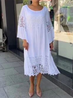 Women's Casual Dress Cotton Linen Dress Lace Dress Midi Dress Lace Basic Classic Outdoor Daily Vacation Crew Neck Lace Patchwork Long Sleeve Summer Spring Fall 2023 Loose Fit White Plain S M L XL 2XL