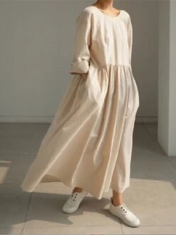 Women's Casual Dress Cotton Linen Dress Swing Dress Maxi Long Dress Cotton Blend Basic Classic Outdoor Daily Crew Neck Pocket Long Sleeve Summer Spring Fall 2023 Loose Fit Black Apricot Pure Color S