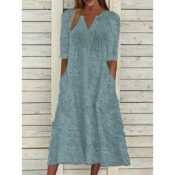 Women's Cotton Linen Dress Casual Dress Midi Dress Cotton Casual Mature Outdoor Daily Vacation V Neck Ruched Pocket Half Sleeve Summer Spring Fall 2023 Loose Fit White Blue Green Plain S M L XL 2XL -HAYz Clothing Shop poeutv1680502520601