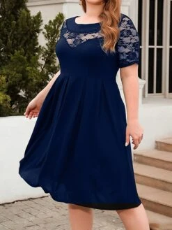 Women's Plus Size Curve Party Dress Lace Dress Semi Formal Dress Solid Color Midi Dress Short Sleeve Lace Crew Neck Fashion Party ArmyGreen Black Fall Winter XL XXL 3XL 4XL -HAYz Clothing Shop pofrug1695813611532