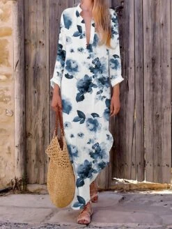 Women's Casual Dress Cotton Linen Dress Maxi Long Dress Polyester Fashion Casual Daily Outdoor Daily Vacation Split Neck Split Print Long Sleeve Summer Spring Fall 2023 Loose Fit White Pink Navy Blue -HAYz Clothing Shop pokxoo1690365282243