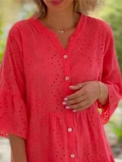 Women's Casual Dress Cotton Linen Dress Mini Dress Polyester Fashion Modern Outdoor Daily Holiday Split Neck Button Eyelet 3/4 Length Sleeve Summer Spring Fall 2023 Loose Fit Red Plain S M L XL 2XL -HAYz Clothing Shop pozydj1690365618468