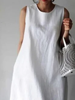 Women's Casual Dress Cotton Linen Dress Shift Dress Maxi Long Dress Cotton Blend Casual Daily Vacation Crew Neck Pocket Sleeveless Summer Spring Boom Sale Dress Loose Fit White Pure Color S M L XL XXL -HAYz Clothing Shop pozzbs1656913333083