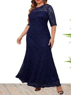 Women's Plus Size Curve Party Dress Lace Dress Sheath Dress Solid Color Long Dress Maxi Dress Half Sleeve Ruched Patchwork Crew Neck Fashion Wedding Wine Deep Blue Spring Fall XL XXL 3XL 4XL 5XL -HAYz Clothing Shop ppqxep1693533332750