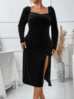 Women‘s Plus Size Curve Party Dress Velvet Dress Cocktail Dress Black Dress Midi Dress Long Sleeve Pure Color Split Spring Fall Winter Square Neck Fashion Birthday Wedding Guest Vacation 2023 -HAYz Clothing Shop pptfuq1692166730593