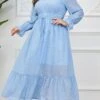 Women's Plus Size Prom Dress Party Dress Corset Dress Long Dress Maxi Dress Light Blue Long Sleeve Pure Color Drawstring Fall Winter Autumn Square Neck Fashion Winter Dress Evening Party Wedding Guest