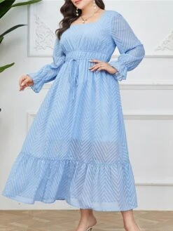 Women's Plus Size Prom Dress Party Dress Corset Dress Long Dress Maxi Dress Light Blue Long Sleeve Pure Color Drawstring Fall Winter Autumn Square Neck Fashion Winter Dress Evening Party Wedding Guest