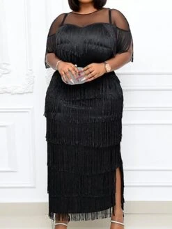 Women‘s Plus Size Curve Party Dress Black Dress Homecoming Dress Solid Color Crew Neck Tassel Fringe Half Sleeve Fall Spring Prom Dress