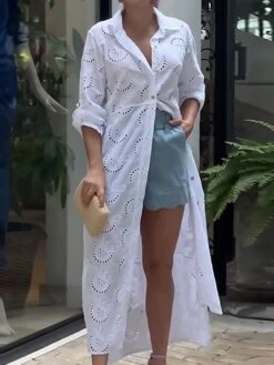 Women's Shirt Dress Casual Dress Cotton Dress Maxi Long Dress Cotton Modern Casual Outdoor Daily Vacation Shirt Collar Hollow Out Button Long Sleeve Summer Spring Fall 2023 Loose Fit White Plain S M -HAYz Clothing Shop pqouuy1691143507065