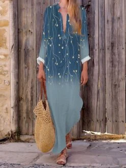 Women's Casual Dress Cotton Linen Dress Maxi Long Dress Polyester Fashion Casual Daily Outdoor Daily Vacation Split Neck Split Print Long Sleeve Summer Spring Fall 2023 Loose Fit White Pink Navy Blue -HAYz Clothing Shop pqoybp1690365282780