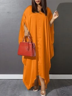 Women's Plus Size Curve Shirt Dress Casual Dress Swing Dress Plain Long Dress Maxi Dress 3/4 Length Sleeve Button V Neck Fashion Outdoor Yellow Orange Fall Winter L XL XXL 3XL 4XL